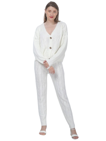 Acrylic Cable Knit Button Jacket with Jogger White Co-Ord (Set Of 2)