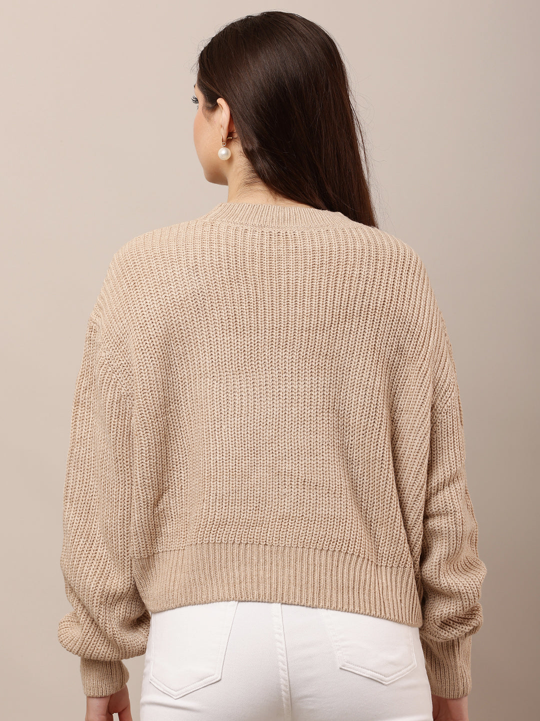 Acrylic Full Sleeve with Round Neck Loose Style Light Brown Sweater