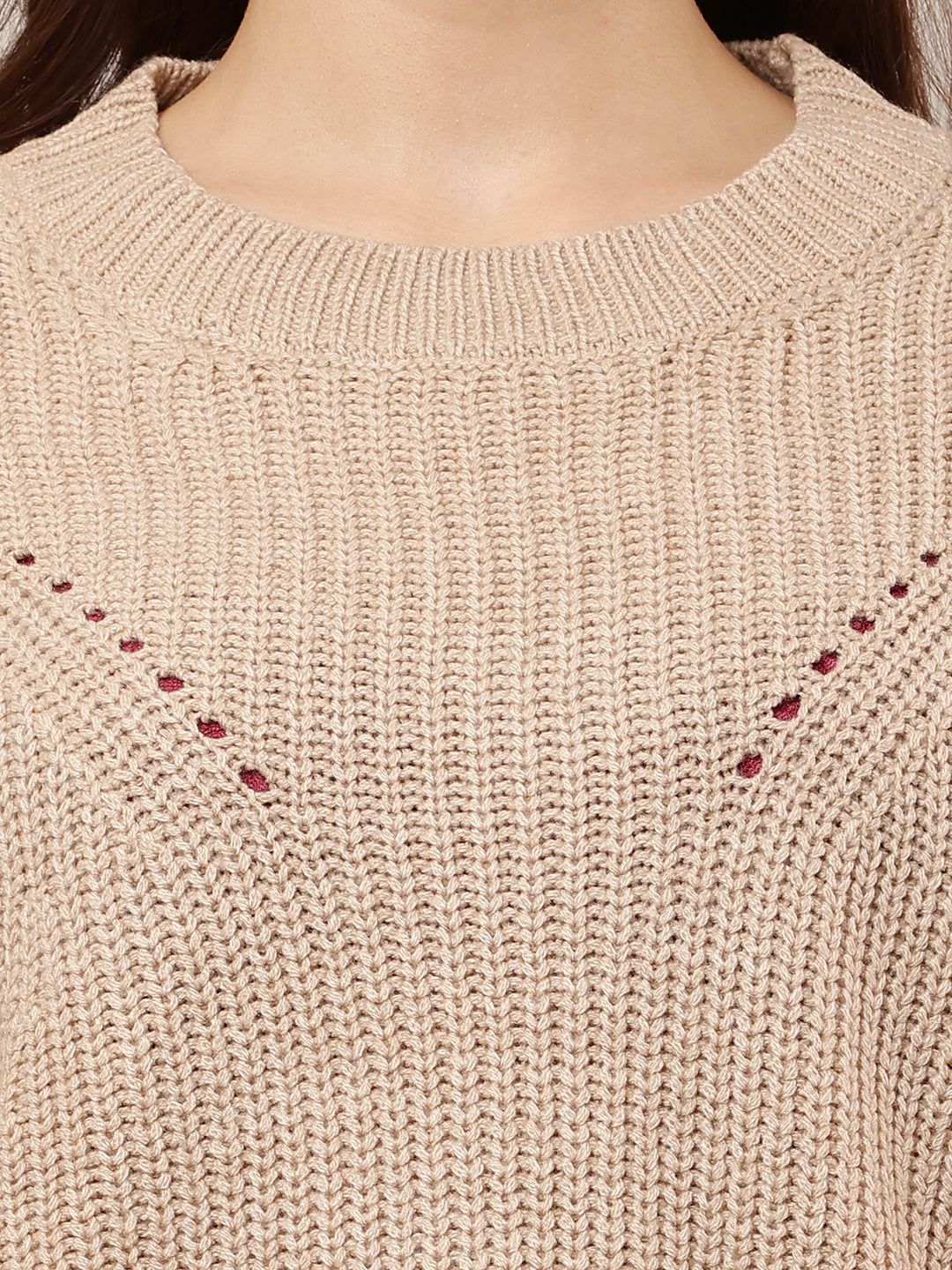Acrylic Full Sleeve with Round Neck Loose Style Light Brown Sweater