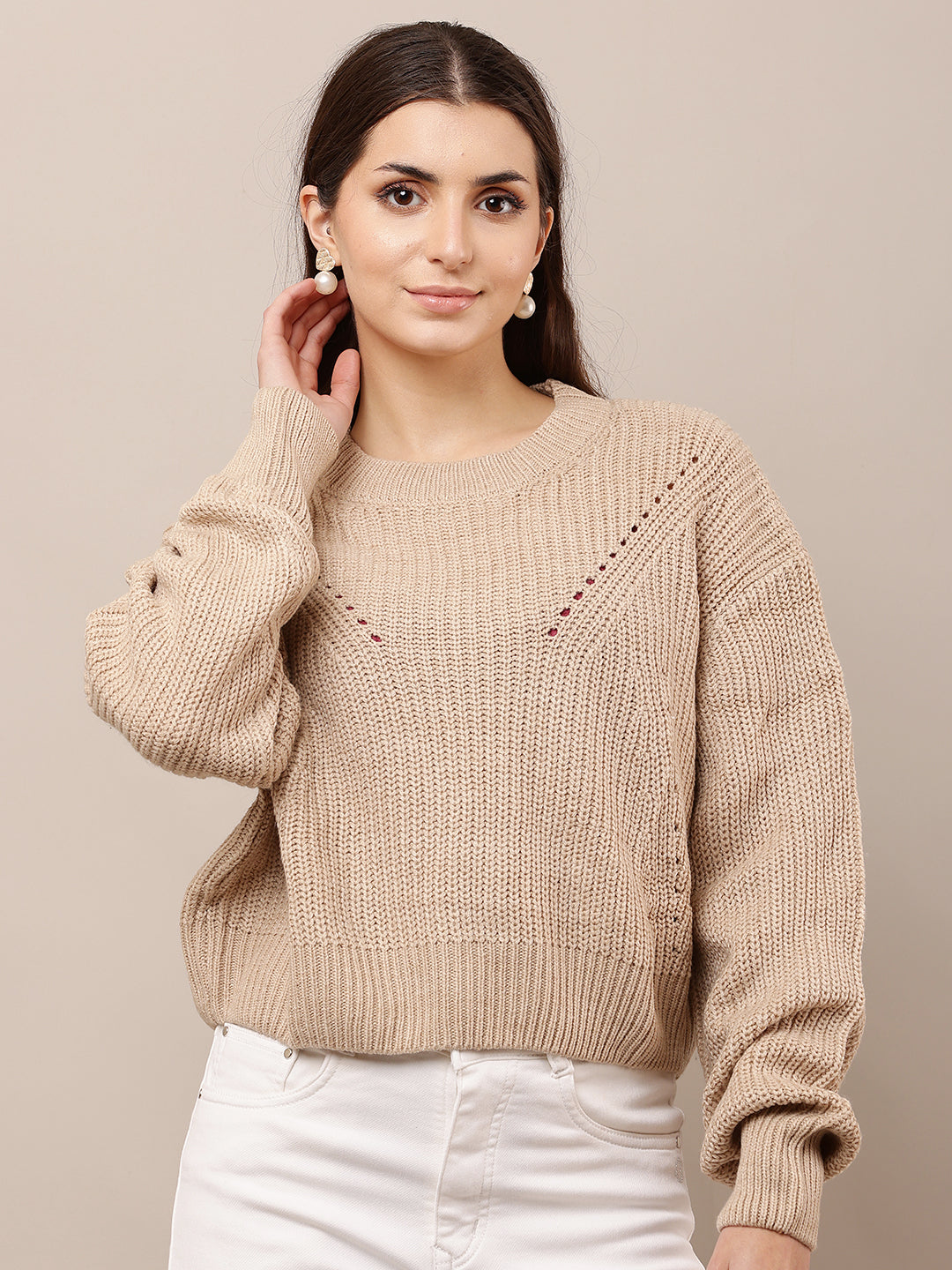 Acrylic Full Sleeve with Round Neck Loose Style Light Brown Sweater