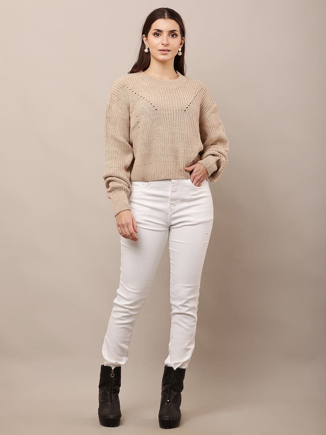 Acrylic Full Sleeve with Round Neck Loose Style Light Brown Sweater