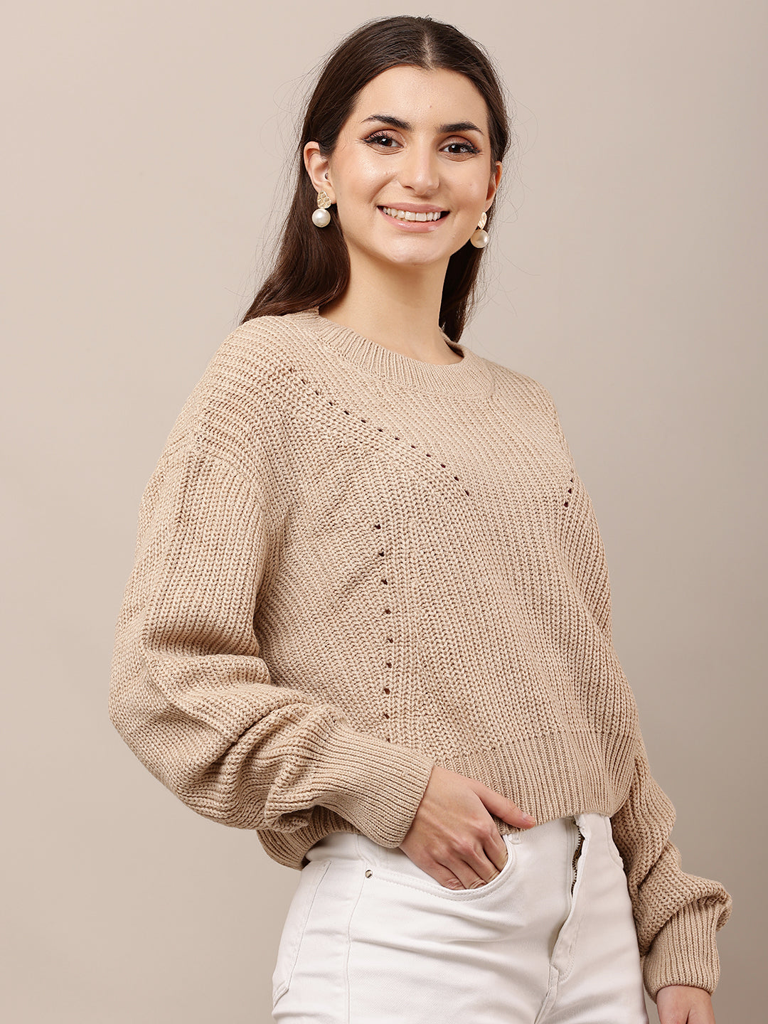 Acrylic Full Sleeve with Round Neck Loose Style Light Brown Sweater