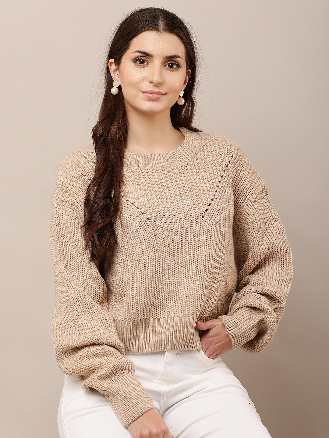 Acrylic Full Sleeve with Round Neck Loose Style Light Brown Sweater