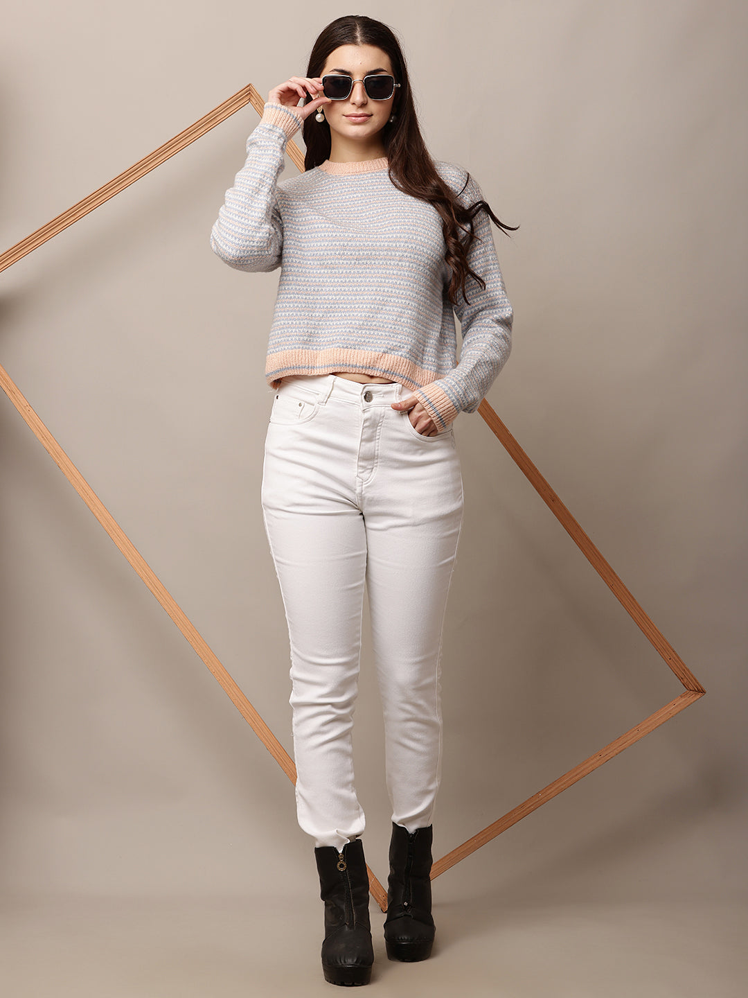 Acrylic Full Sleeve with Round Neck waist loose Sky Blue Sweater