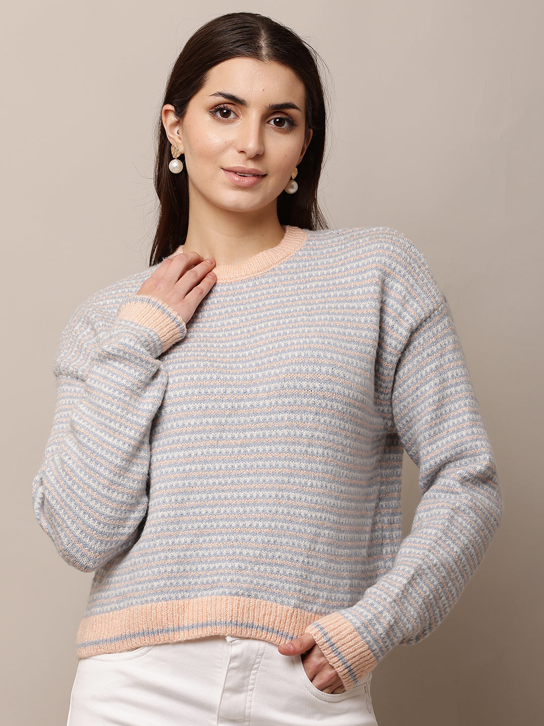 Acrylic Full Sleeve with Round Neck waist loose Sky Blue Sweater