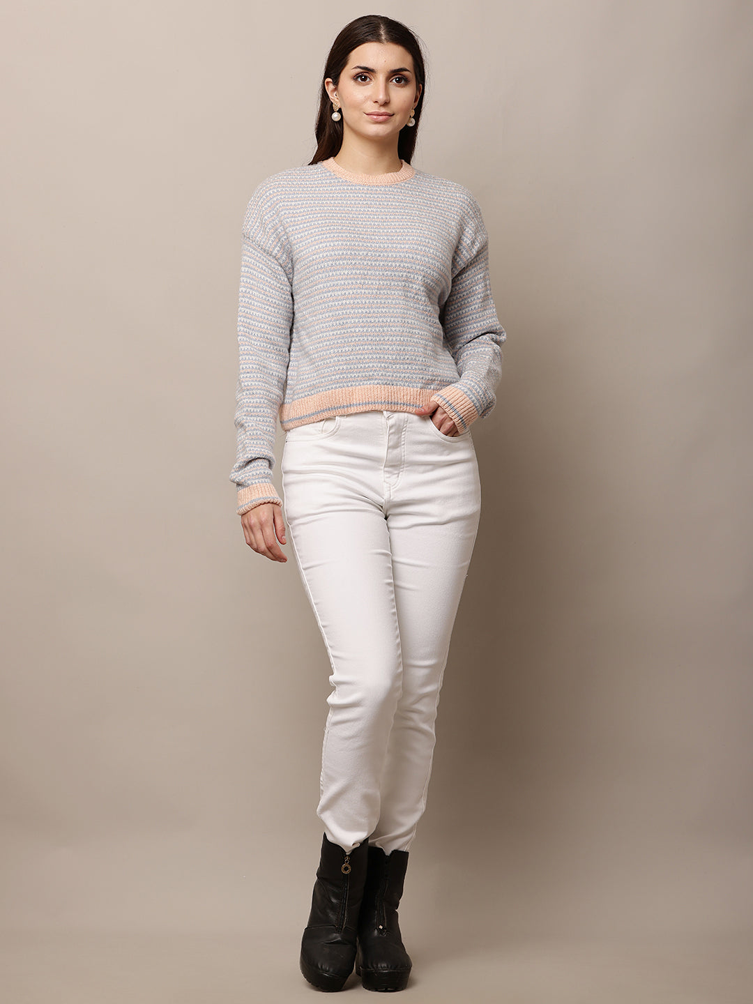 Acrylic Full Sleeve with Round Neck waist loose Sky Blue Sweater