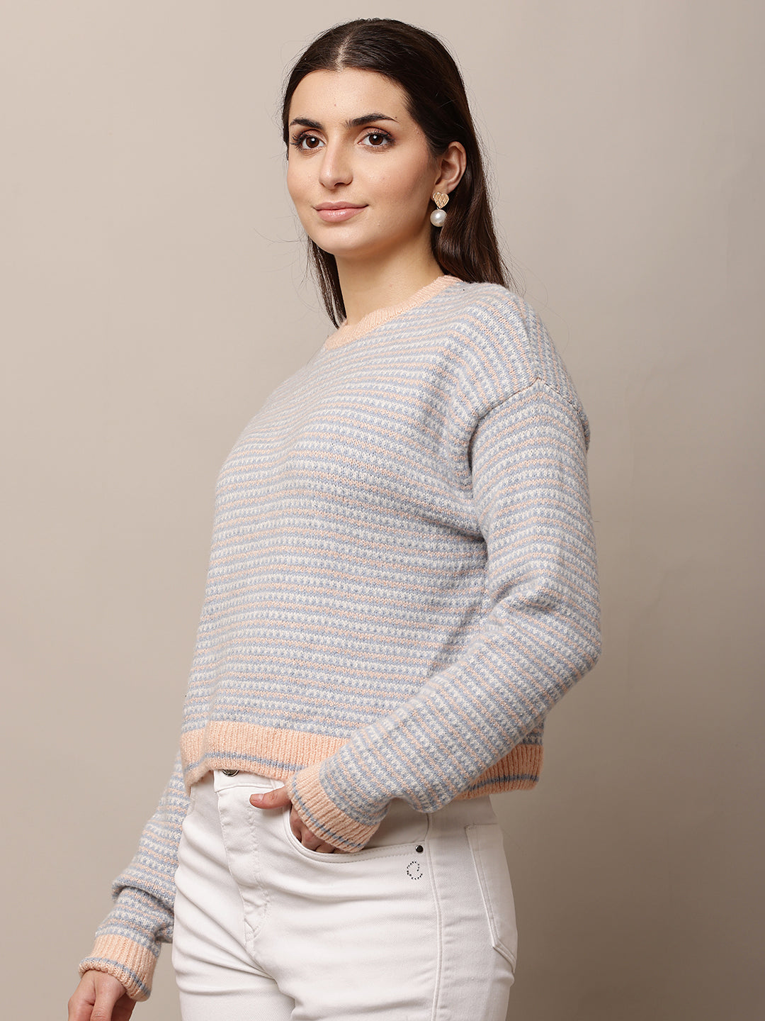 Acrylic Full Sleeve with Round Neck waist loose Sky Blue Sweater