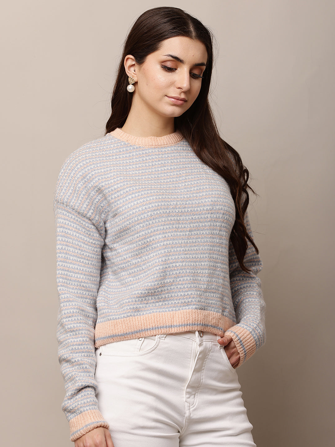 Acrylic Full Sleeve with Round Neck waist loose Sky Blue Sweater