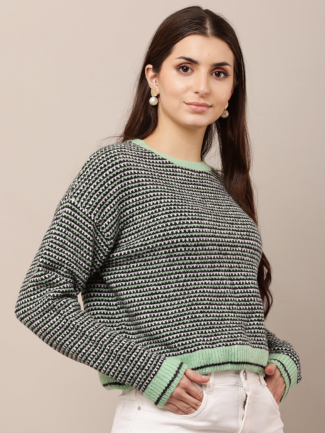 Acrylic Full Sleeve with Round Neck waist loose Green Sweater