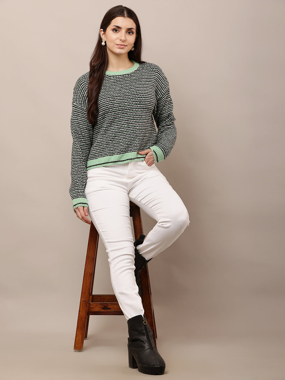 Acrylic Full Sleeve with Round Neck waist loose Green Sweater
