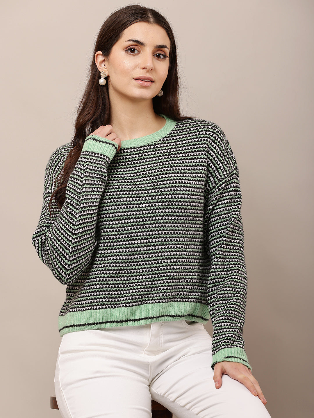 Acrylic Full Sleeve with Round Neck waist loose Green Sweater