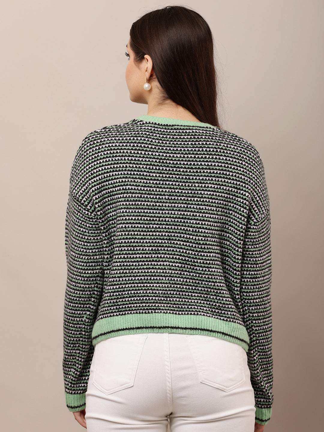 Acrylic Full Sleeve with Round Neck waist loose Green Sweater