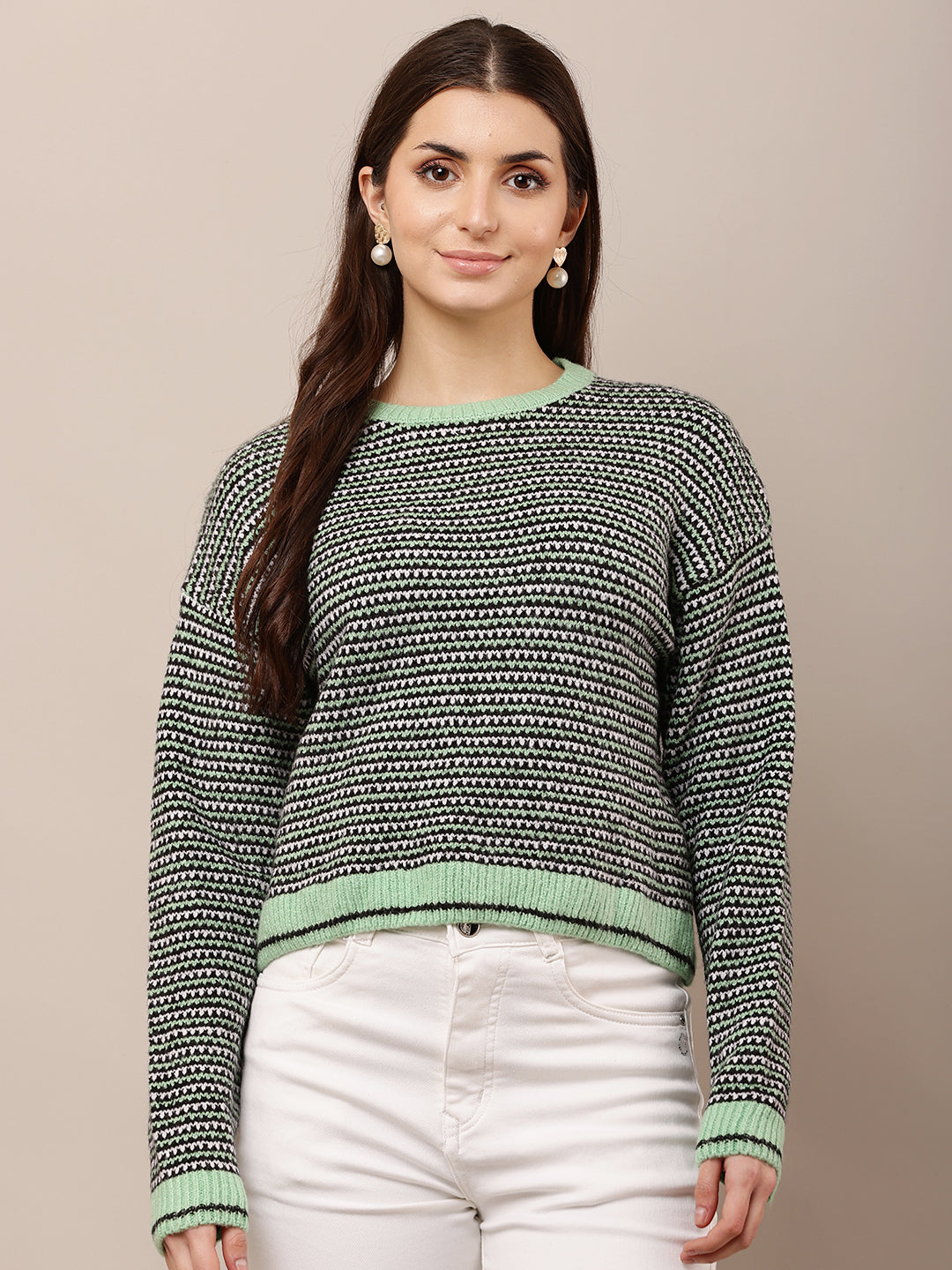 Acrylic Full Sleeve with Round Neck waist loose Green Sweater