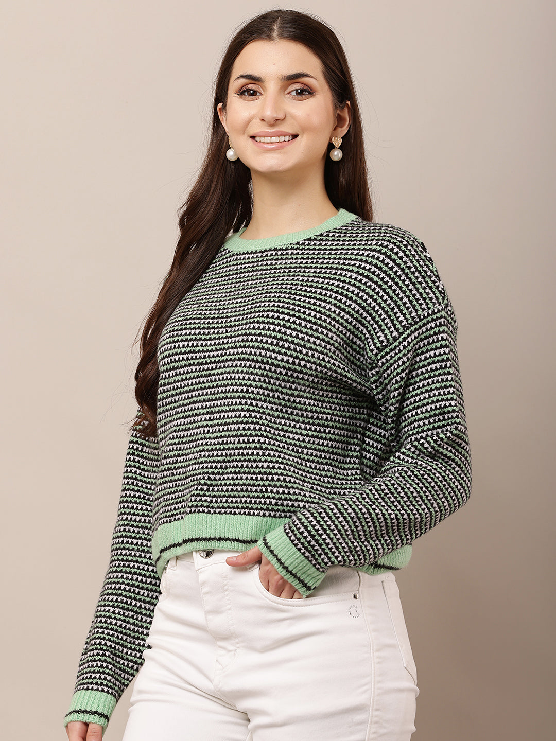 Acrylic Full Sleeve with Round Neck waist loose Green Sweater
