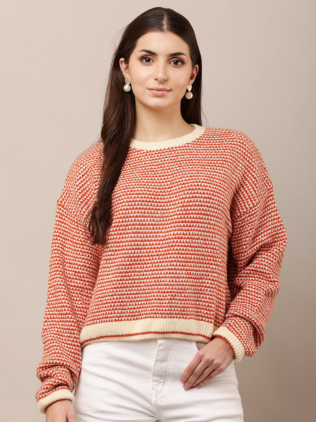 Acrylic Full Sleeve with Round Neck waist loose Red Sweater