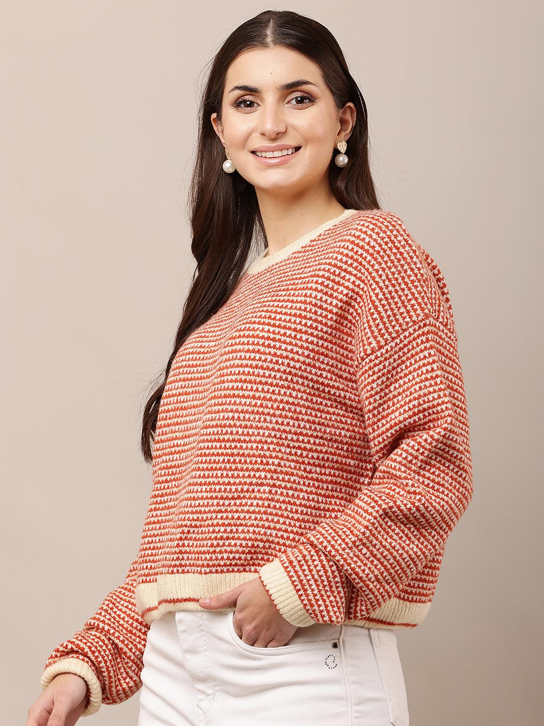 Acrylic Full Sleeve with Round Neck waist loose Red Sweater