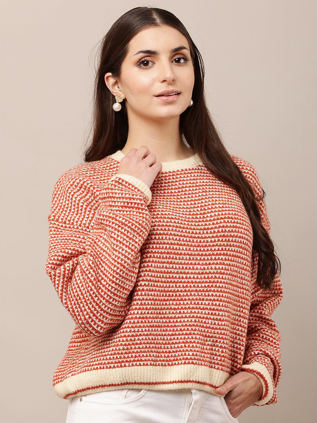Acrylic Full Sleeve with Round Neck waist loose Red Sweater
