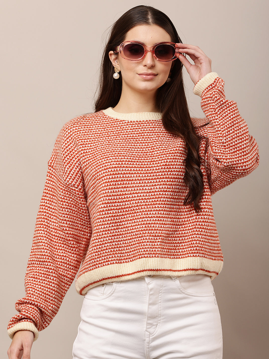 Acrylic Full Sleeve with Round Neck waist loose Red Sweater