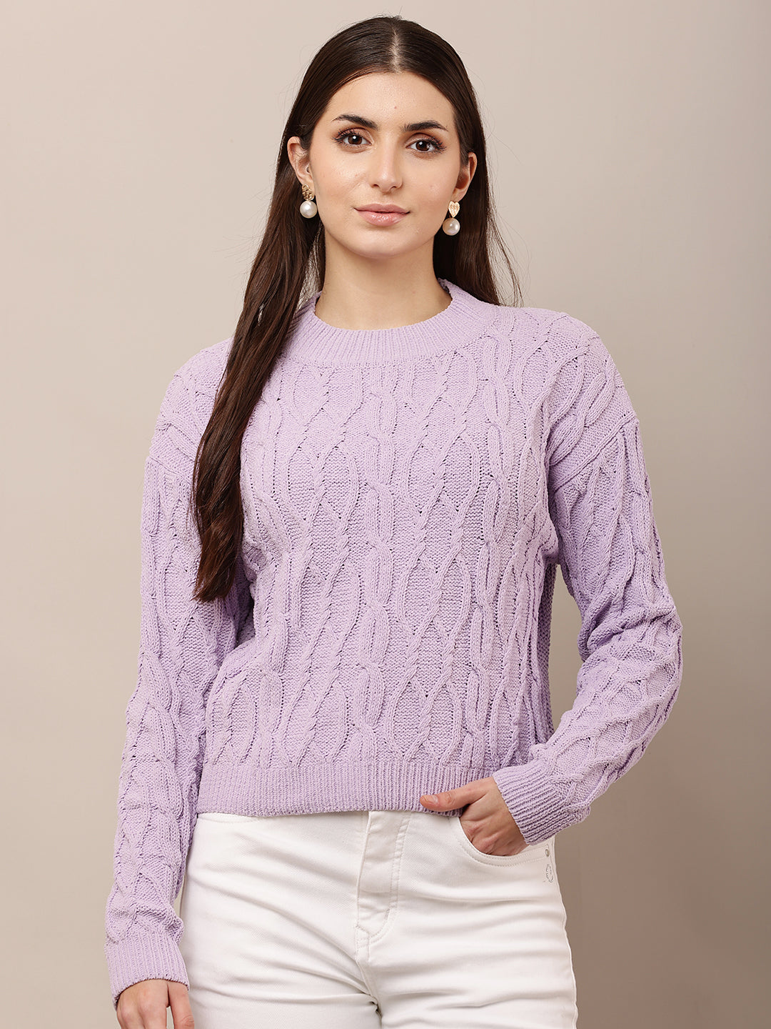 Acrylic Full Sleeve with Round Neck Knitted Purple Sweater
