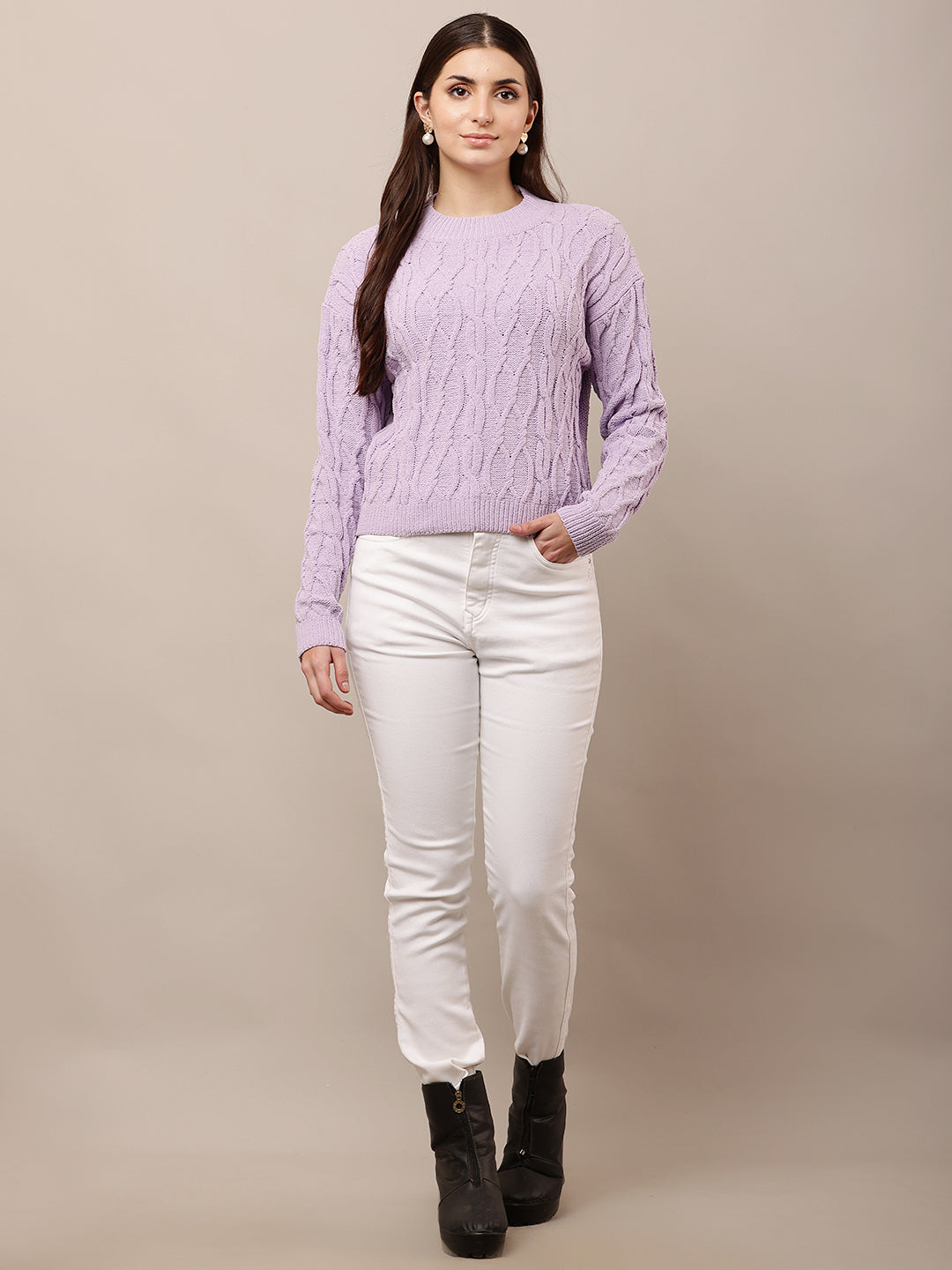 Acrylic Full Sleeve with Round Neck Knitted Purple Sweater