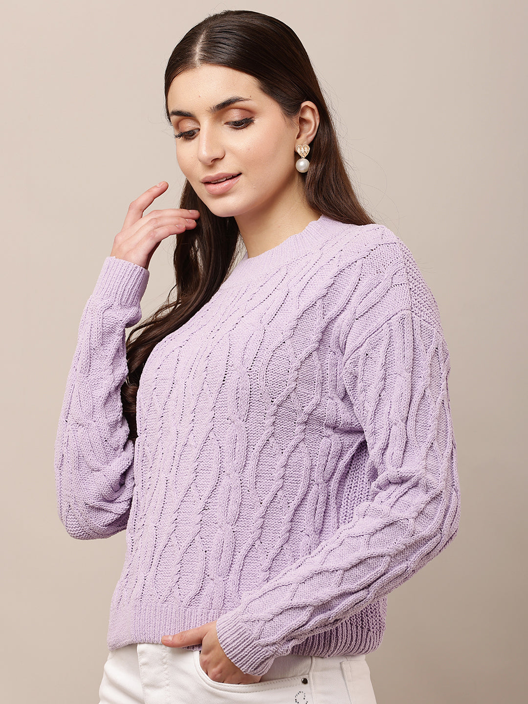 Acrylic Full Sleeve with Round Neck Knitted Purple Sweater
