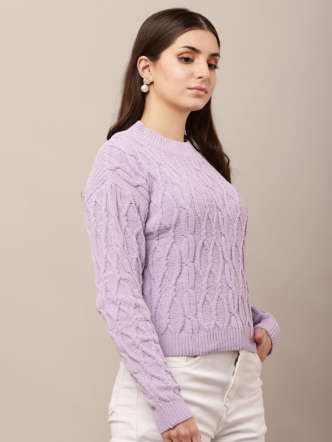 Acrylic Full Sleeve with Round Neck Knitted Purple Sweater