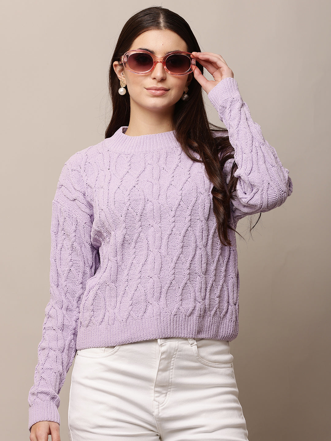 Acrylic Full Sleeve with Round Neck Knitted Purple Sweater