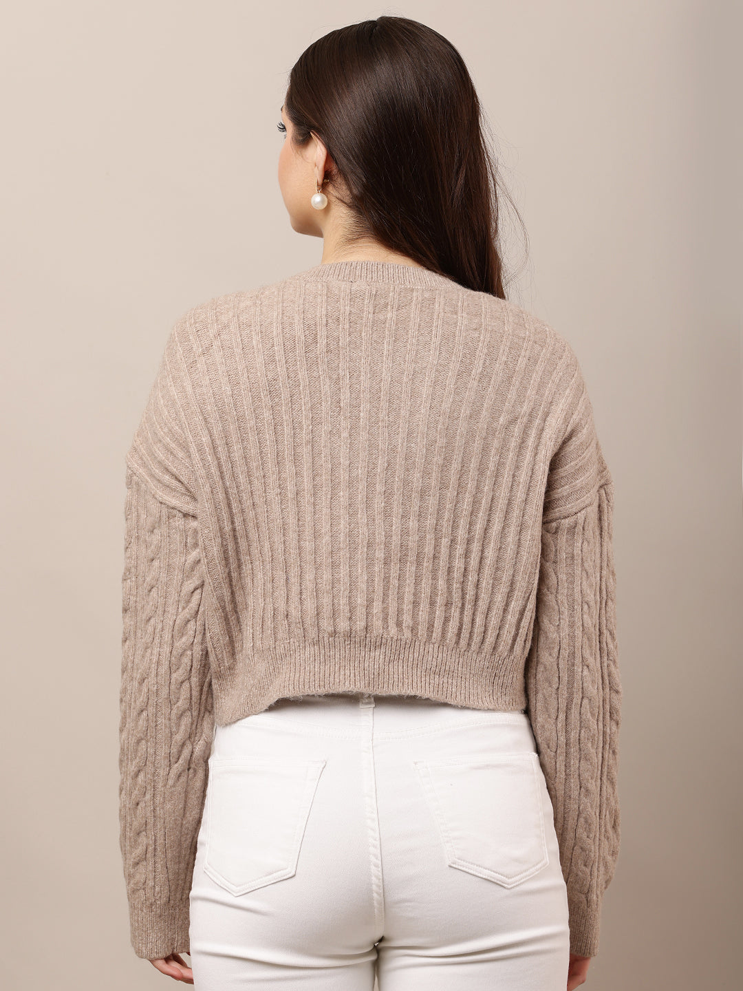 Acrylic Full Sleeve with Round Neck Crop Light Brown Sweater