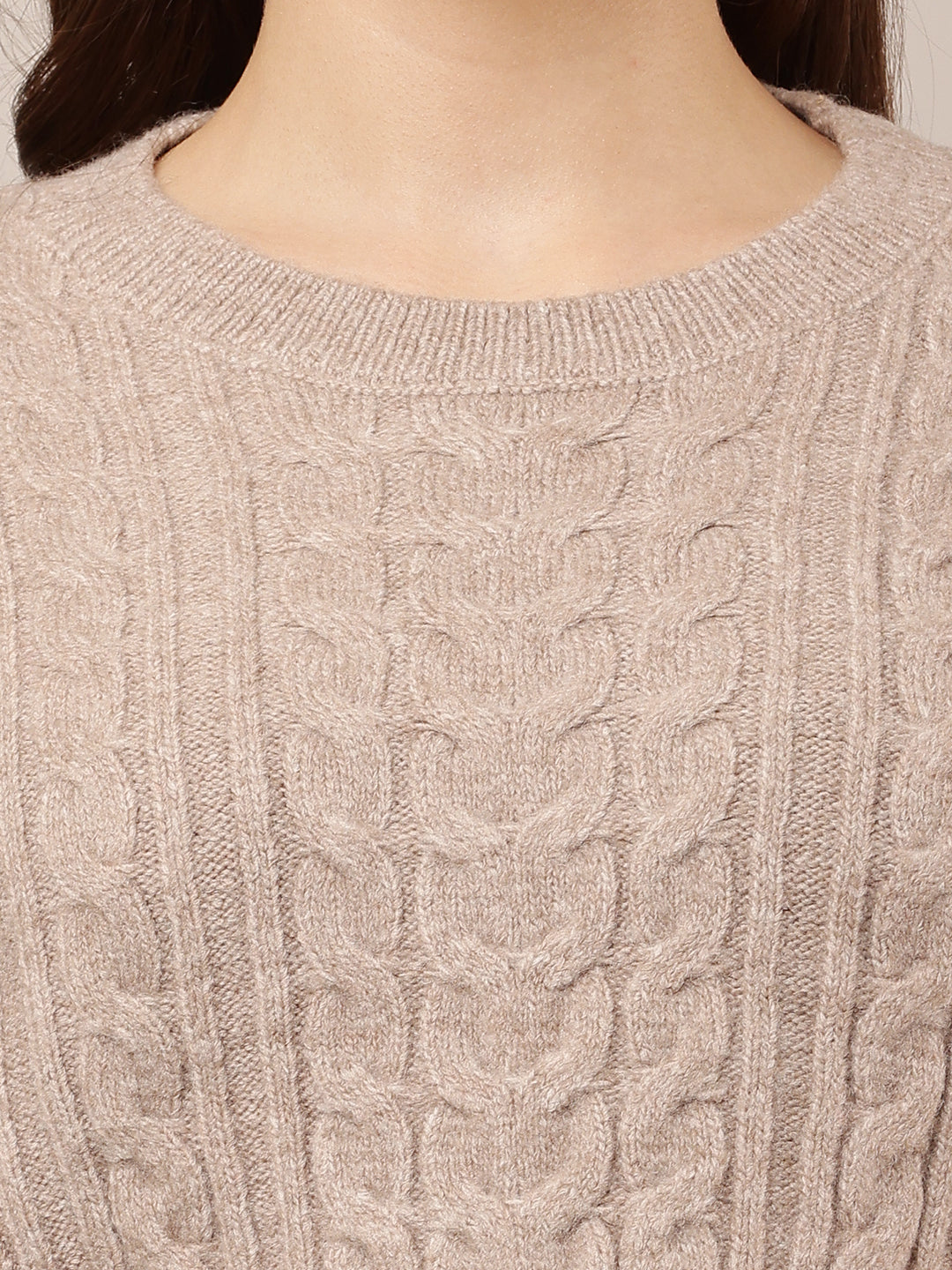 Acrylic Full Sleeve with Round Neck Crop Light Brown Sweater