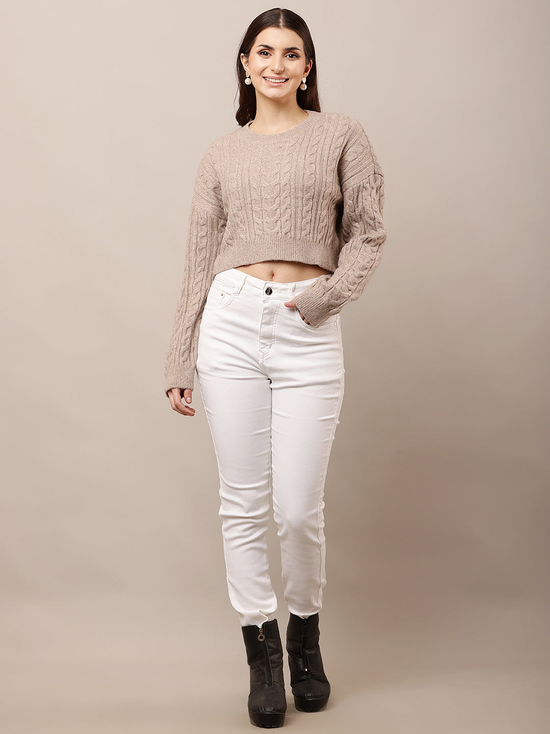 Acrylic Full Sleeve with Round Neck Crop Light Brown Sweater