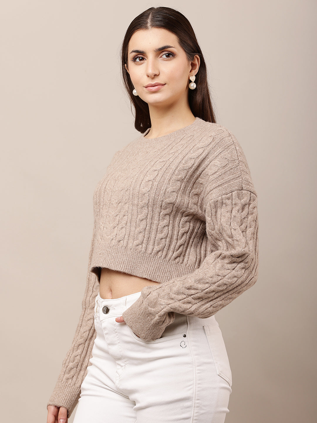 Acrylic Full Sleeve with Round Neck Crop Light Brown Sweater
