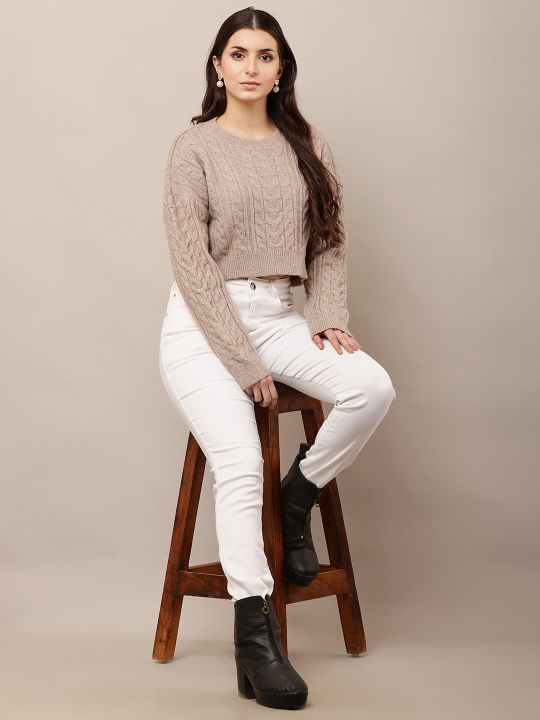 Acrylic Full Sleeve with Round Neck Crop Light Brown Sweater