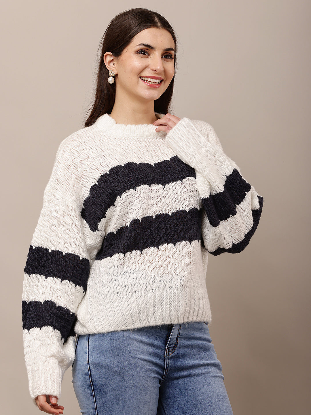 Acrylic Full Sleeve with Round Neck White and Black Striped Sweater
