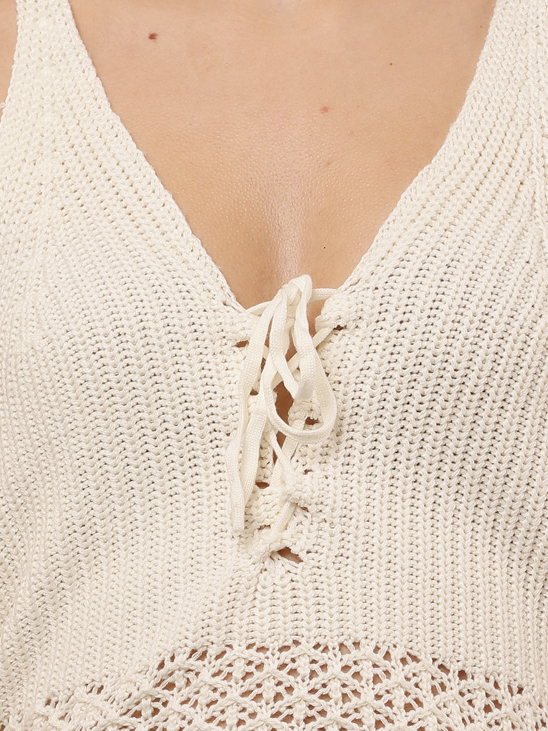 Acrylic Sleeveless V-neck Crop Crochet Off- White Top