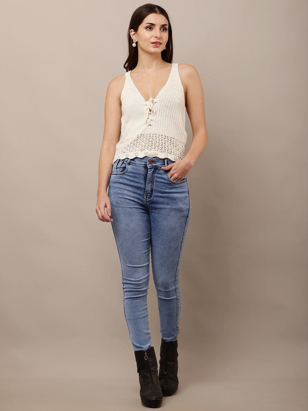 Acrylic Sleeveless V-neck Crop Crochet Off- White Top