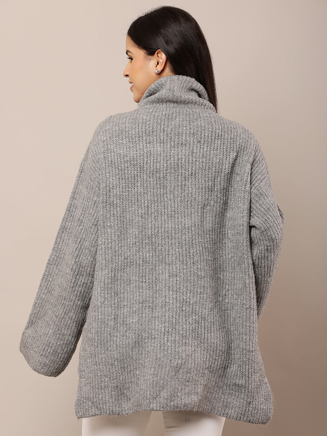 Acrylic Full Sleeve with High-Neck Loose Style Grey Sweater