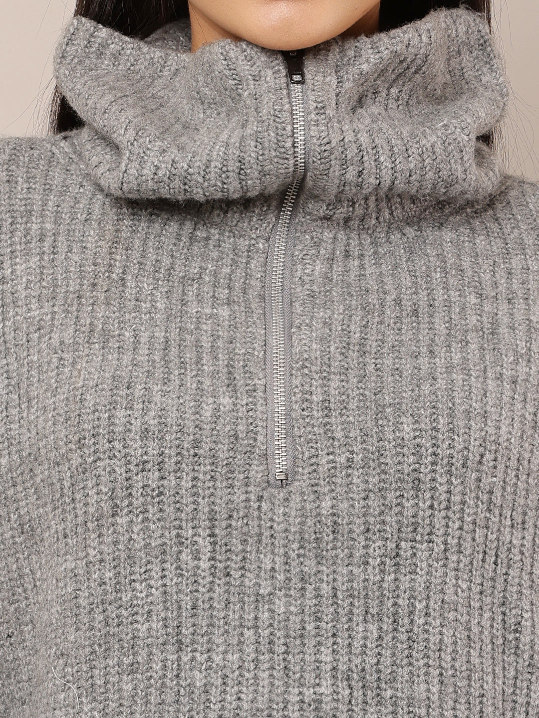 Acrylic Full Sleeve with High-Neck Loose Style Grey Sweater