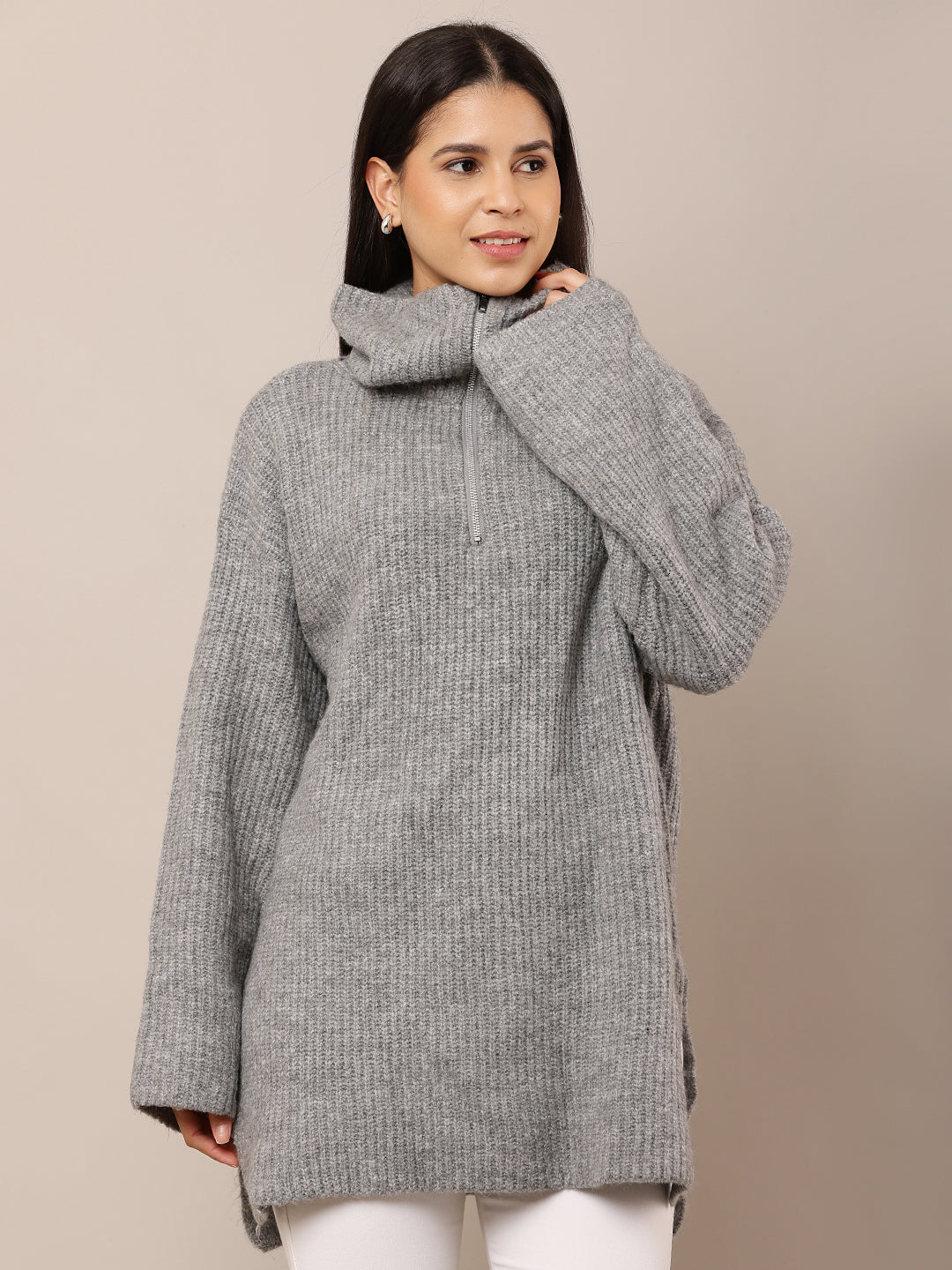Acrylic Full Sleeve with High-Neck Loose Style Grey Sweater