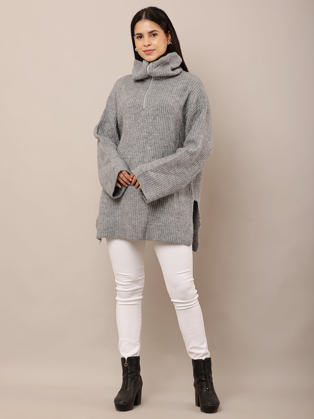 Acrylic Full Sleeve with High-Neck Loose Style Grey Sweater