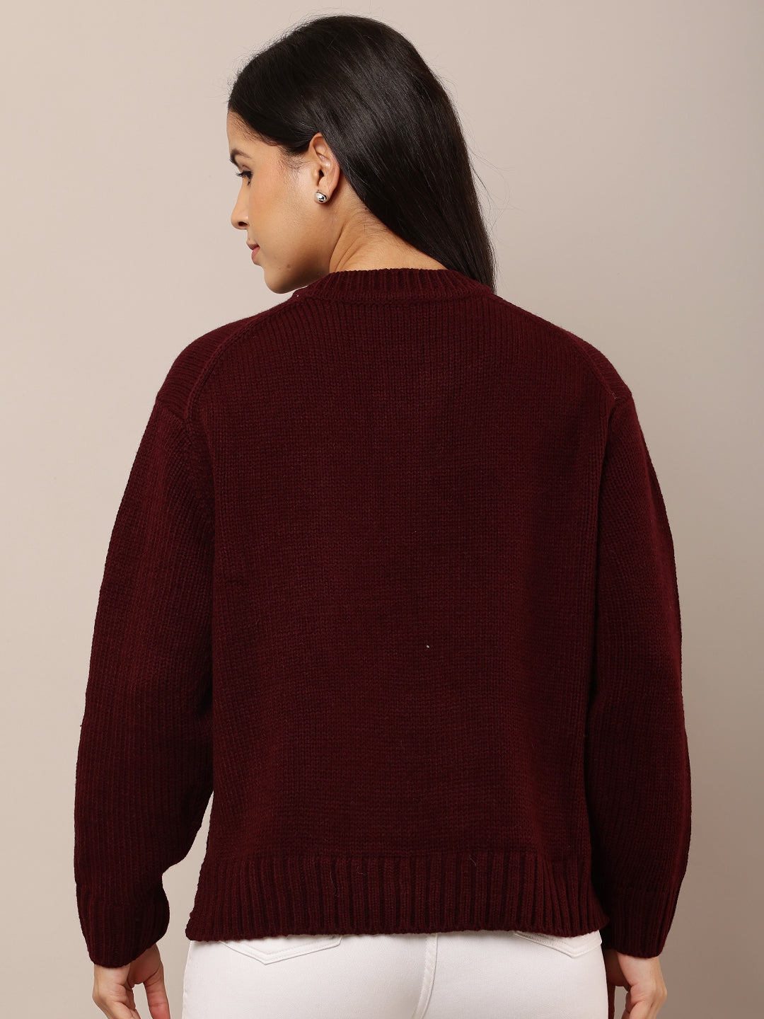 Acrylic Full Sleeve with Round Neck Maroon loose style sweater