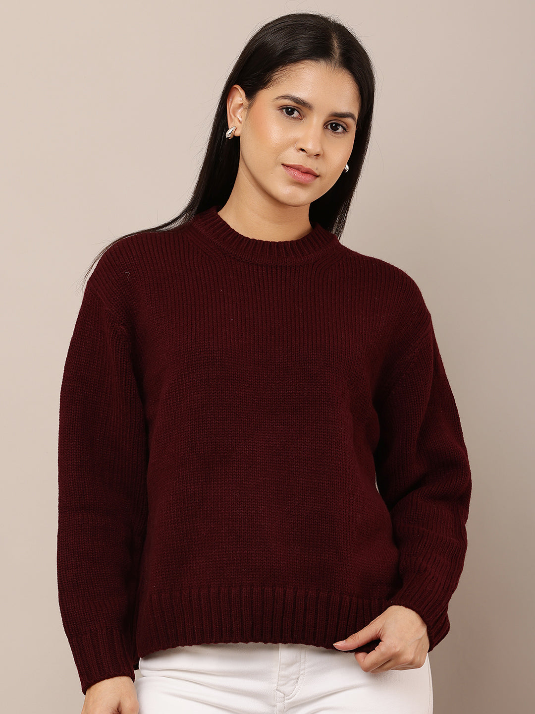 Acrylic Full Sleeve with Round Neck Maroon loose style sweater
