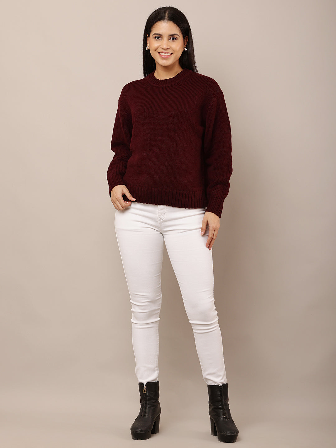 Acrylic Full Sleeve with Round Neck Maroon loose style sweater