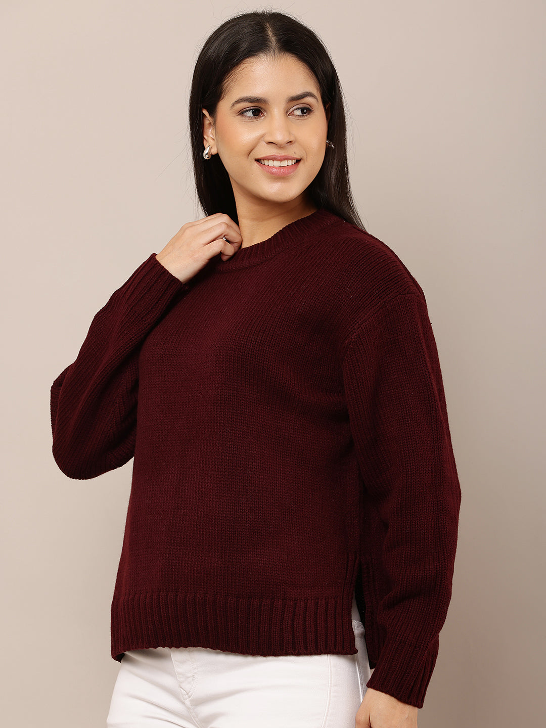 Acrylic Full Sleeve with Round Neck Maroon loose style sweater