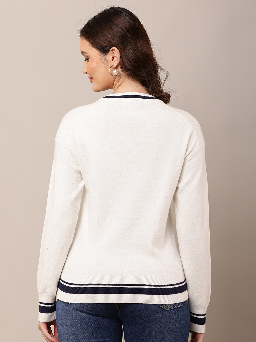 Viscose V-Neck with Full Sleeve white Sweater