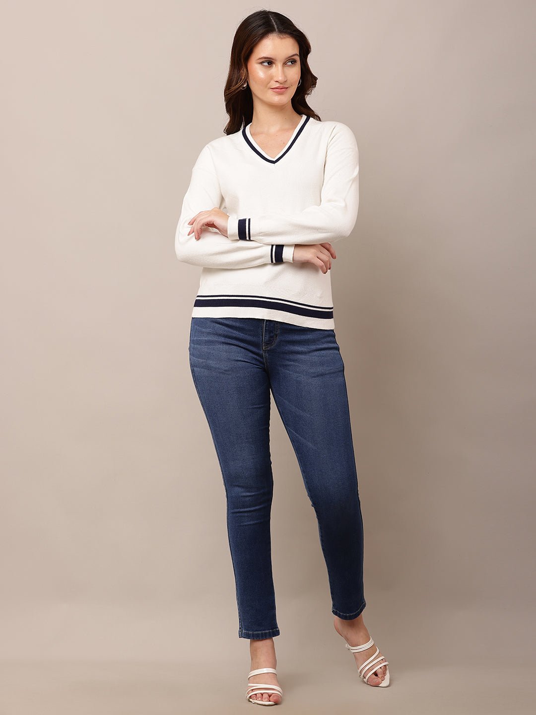 Viscose V-Neck with Full Sleeve white Sweater