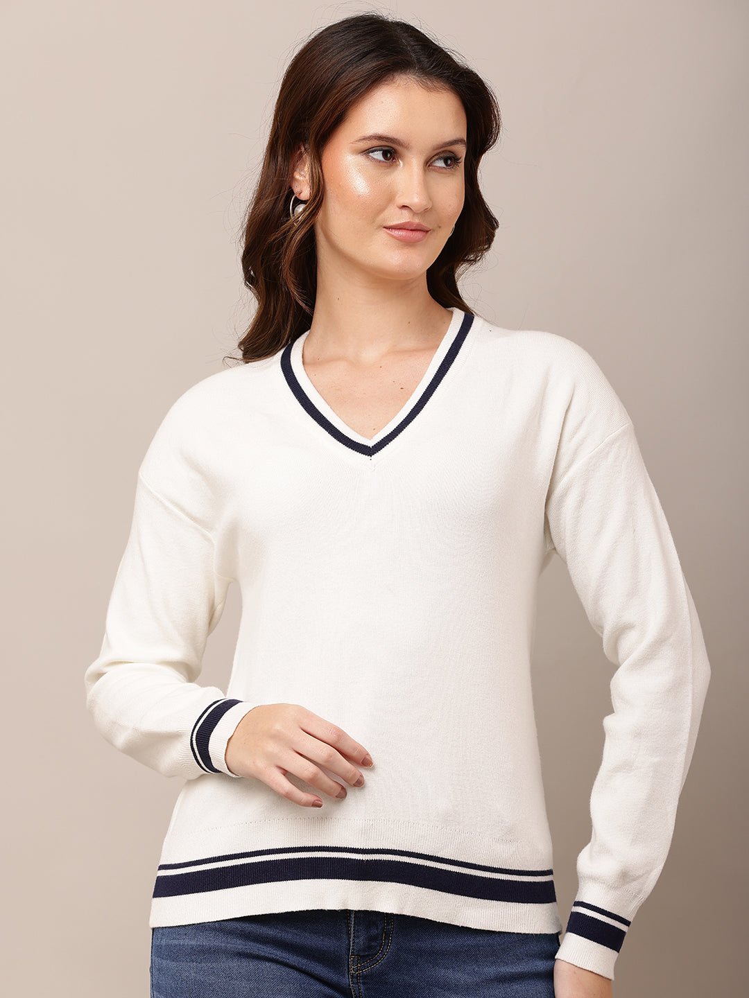 Viscose V-Neck with Full Sleeve white Sweater