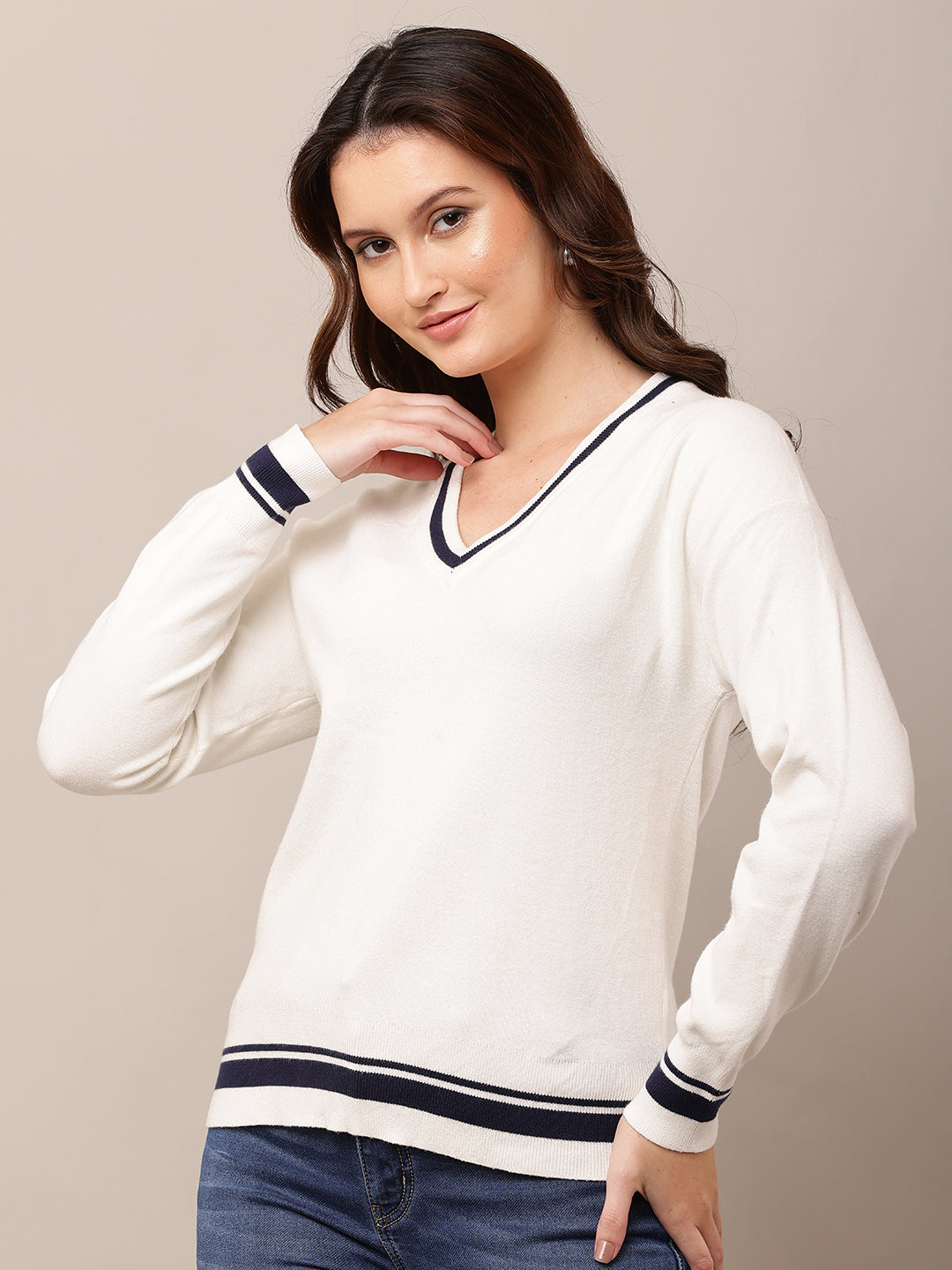Viscose V-Neck with Full Sleeve white Sweater