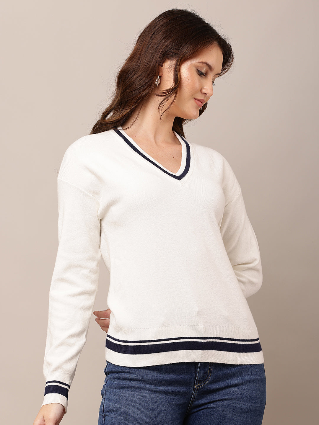 Viscose V-Neck with Full Sleeve white Sweater