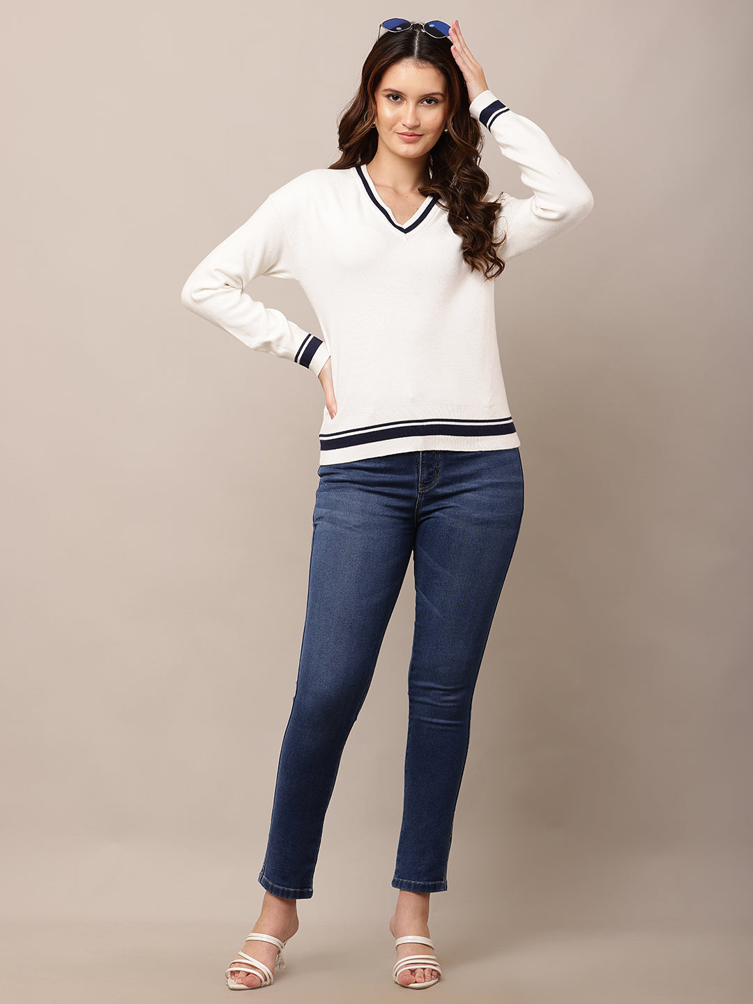 Viscose V-Neck with Full Sleeve white Sweater