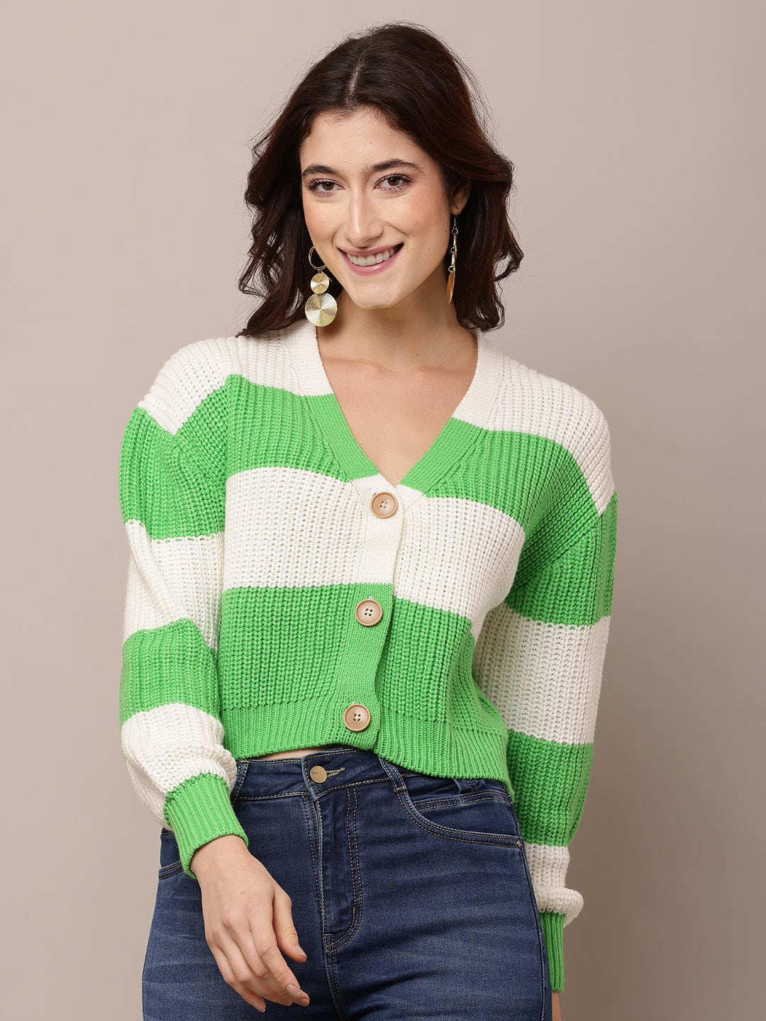 Acrylic Full Sleeve with V-Neck Green and White Cardigan